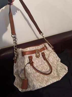 Michael Kors Cream and Brown Logo Shoulder Bag with Gold Hardware